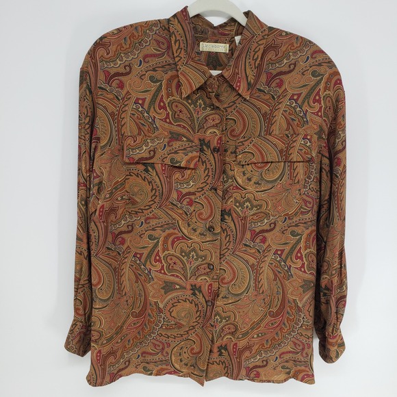 Vintage Tops - Vintage 90s Liz Claiborne Paisley Button Up Blouse Women L Brown Long Sleeve Top